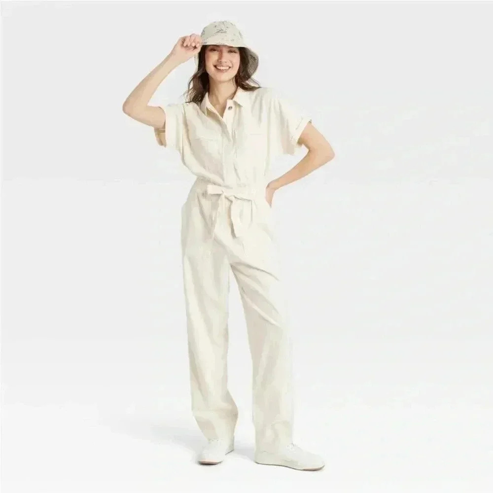 NWOT‎ Women's Short Sleeve Linen Boilersuit -
Universal Thread Cream